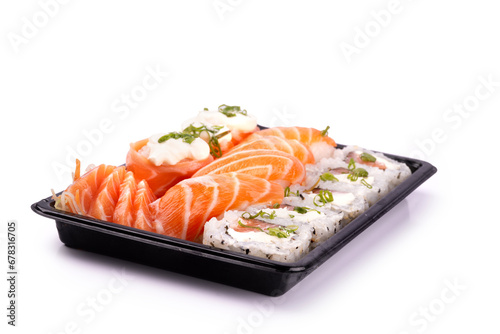 sushi delivery tray isolated on white background close-up front