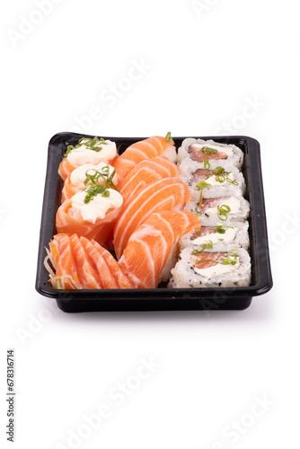 sushi delivery tray isolated on white background close up portrait