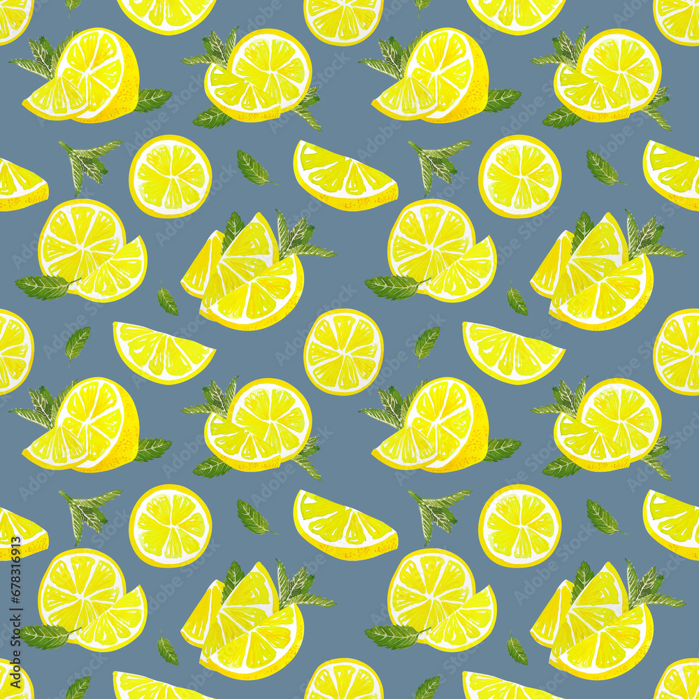 Watercolor citrus lemon slice seamless pattern for fruit design