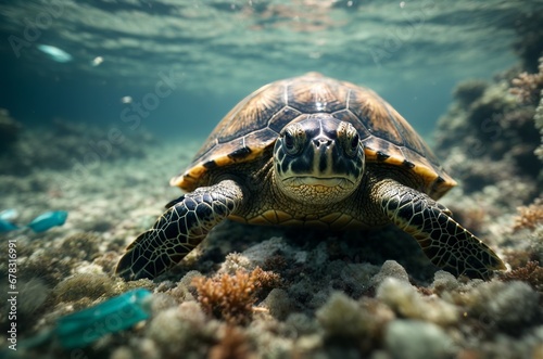 Big sea turtle on the seaweed bottom. AI generated