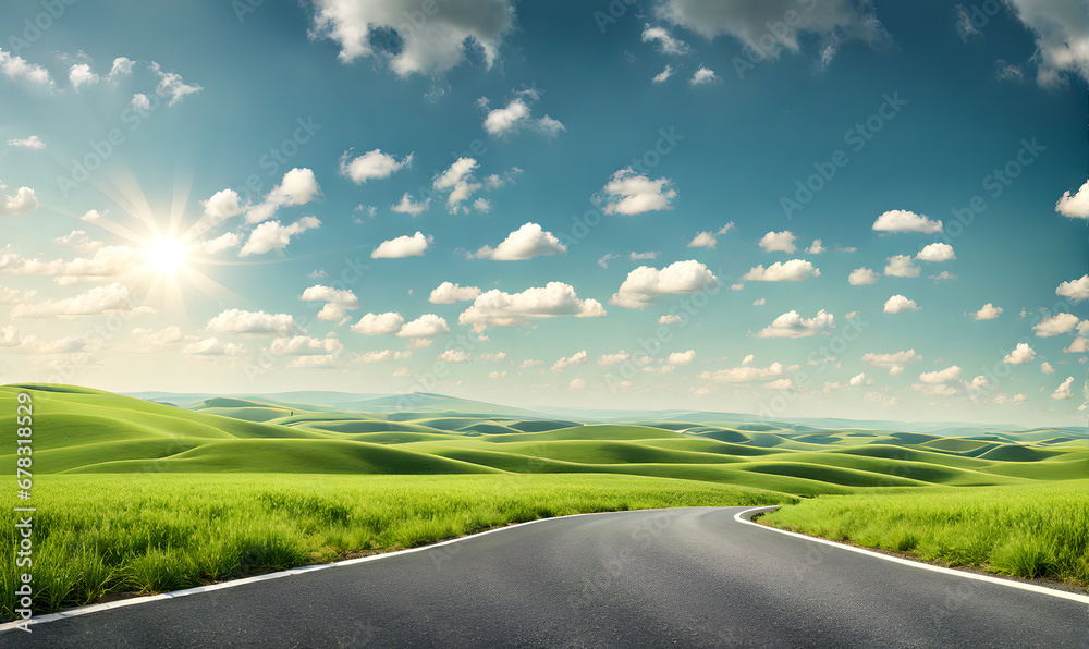 Scenic landscape with lush green field and road Scenic landscape with lush green field and road