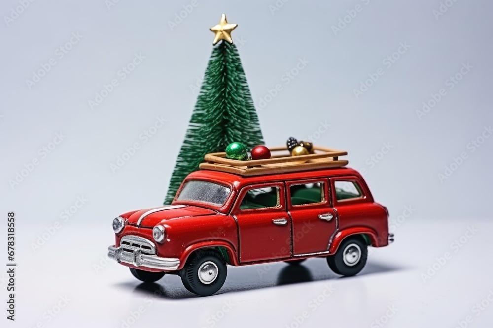Christmas tree toy car. Christmas background. Holidays card