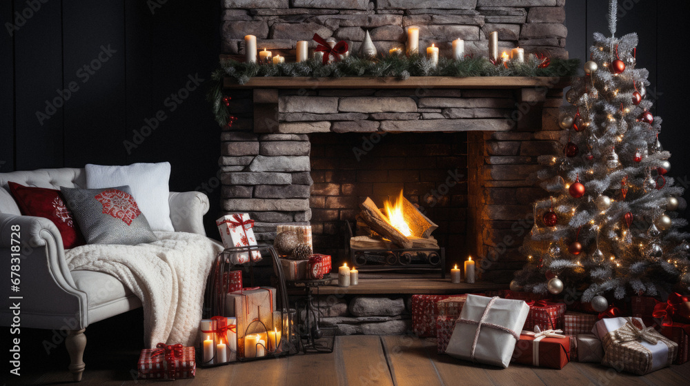 Cozy living room interior with Christmas tree, fireplace and presents.
