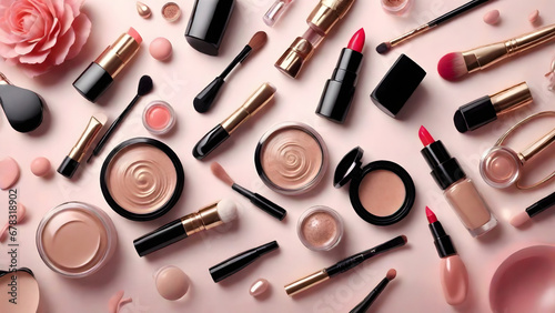 Set of cosmetics in pink background and top view