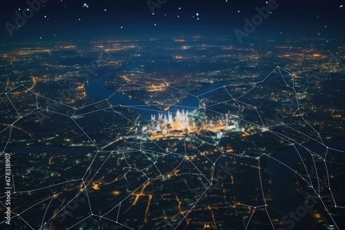 city lights map at night. Satellite view. Aerial view. Top view on modern city with street lights