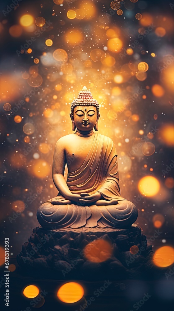 Buddha statue surrounded by blurry bokeh and room for text copy. Mindfulness and meditation concept.