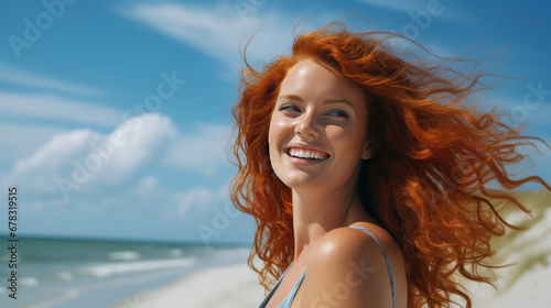 Beautiful redhaired girl smiling against the background of the beach and sea. © writerfantast