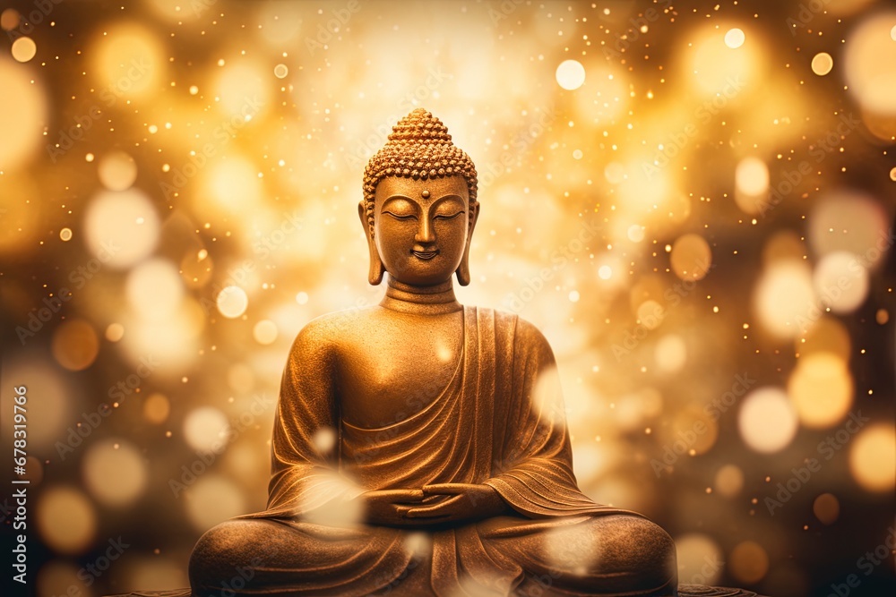 Buddha statue surrounded by blurry bokeh and room for text copy. Mindfulness and meditation concept. Buddha statue surrounded by blurry bokeh and room for text copy. Mindfulness and meditation concept.