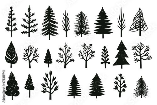 Pine tree silhouettes. Evergreen forest firs and spruces black shapes  wild nature trees templates
