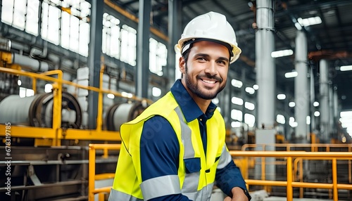 young handsome man, wearing orange safety vest, smiling, construction and warehouse, Industrial workers, workers wearing helmets and vest on building site
