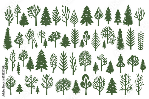 Christmas tree set hand drawn illustration. chritmas tree silhouettes. Christmas pine trees silhouette icon vector illustration photo