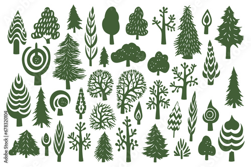 Christmas tree set hand drawn illustration. chritmas tree silhouettes. Christmas pine trees silhouette icon vector illustration © Bagas