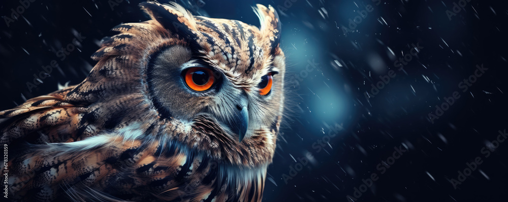 Funny owl portrait against dark night background. eagle-owl head detail. Funny owl portrait against dark night background. eagle-owl head detail.