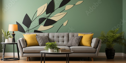 Leder Couch grau im modernen Retro Stil in ausgefallener schicker designer Form Querformat für Banner, ai generativ