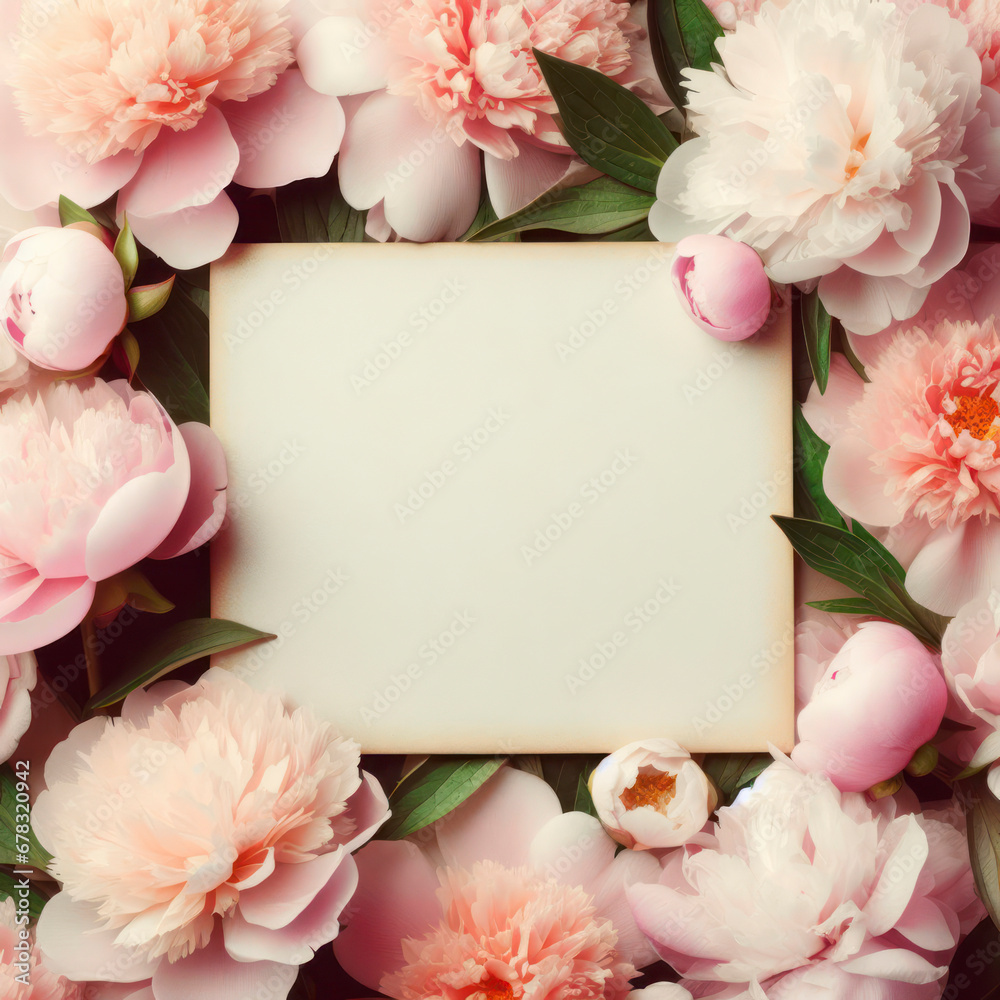Greeting or invitation blank card and peony flowers. ai generative Greeting or invitation blank card and peony flowers. ai generative