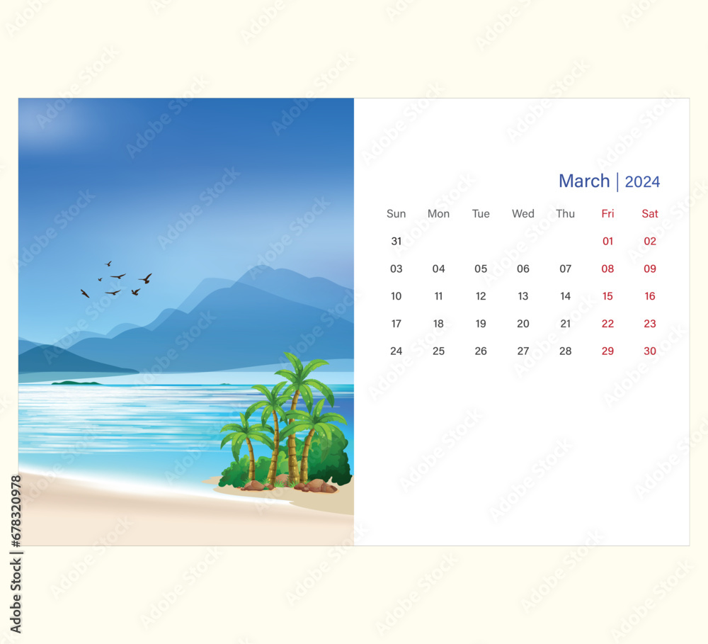 Abstract illustration base 2024 new year clean calendar template with see beach vector art