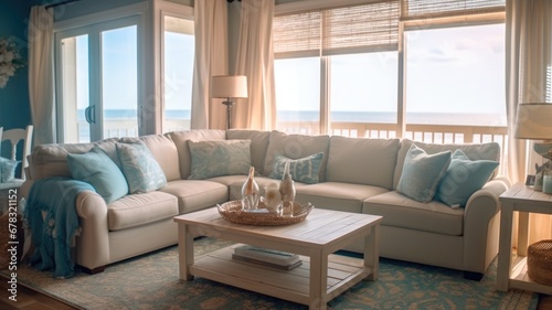 Living room decor  home interior design . Coastal Rustic style with Ocean View decorated with Wood and Linen material . Generative AI AIG26.