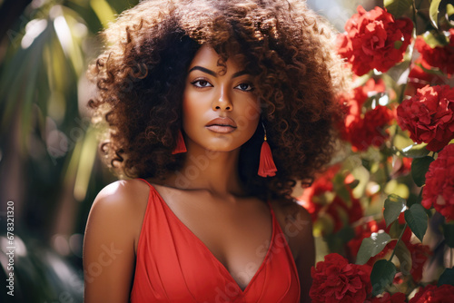 Afro-american woman model wearing a red sundress in the garden