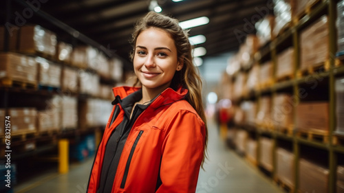 Portrait of happy young female warehouse worker looking at camera.