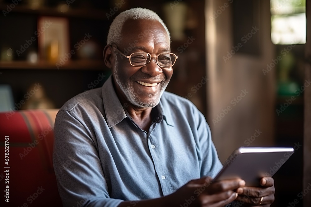 lderly black man reading news on tablet while sitting in living room at home