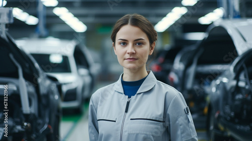 Female engineer worker in automotive factory, car manufacturing process, assembly line production, woman technician at conveyor.

 photo