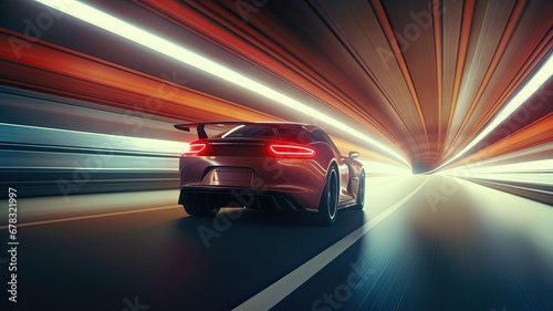 Sports Car Racing Through an Illuminated Tunnel