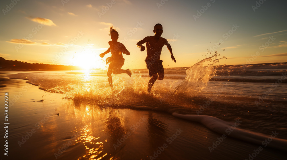 Fototapeta premium Sunset Beach Run: Couple Splashing Through the Shoreline at Dusk. Generative AI