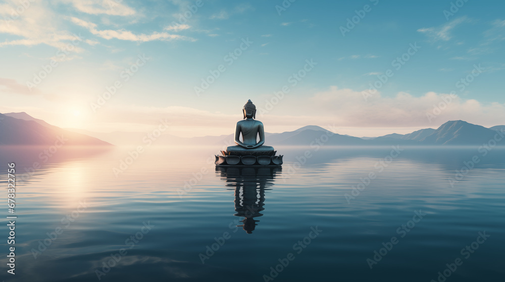 Oceanic Bliss: Captivating Buddha Sculpture Reflecting Tranquility, AI Generated - obrazy, fototapety, plakaty 
