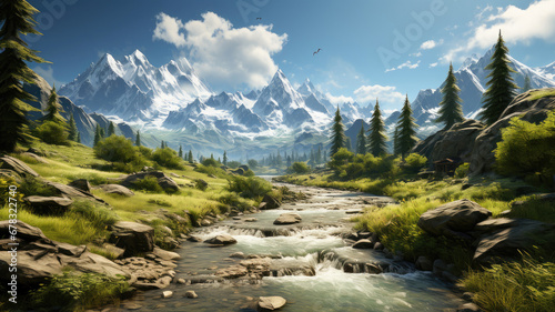 A beautiful, sunny landscape with a flowing river, towering mountains, and lush greenery all around.