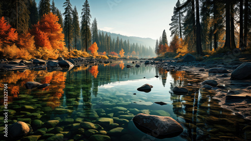 A serene autumn landscape with a river reflecting colorful fall trees under a clear sky.