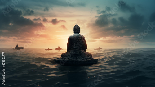 Serene Horizon: Elegant Buddha Monument in the Sea, AI Generated © Augusto