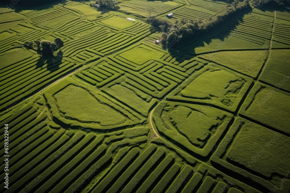 Fototapeta premium Green tea plantation at sunrise time,nature background. AI Generated