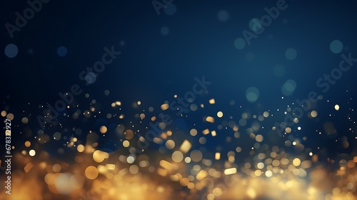 abstract background with Dark blue and gold particle. Christmas Golden light shine particles bokeh on navy blue background. Gold foil texture. Holiday concept