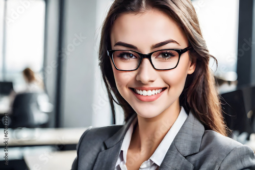 Portrait of a beautiful businesswoman in a suit and glasses sitting in the office. Successful business concept