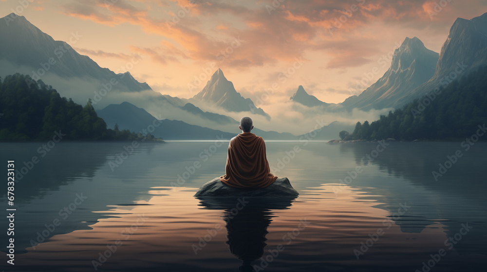 Nature's Serenity: Mindfulness Meditation Amidst Tranquil Landscapes, AI Generated