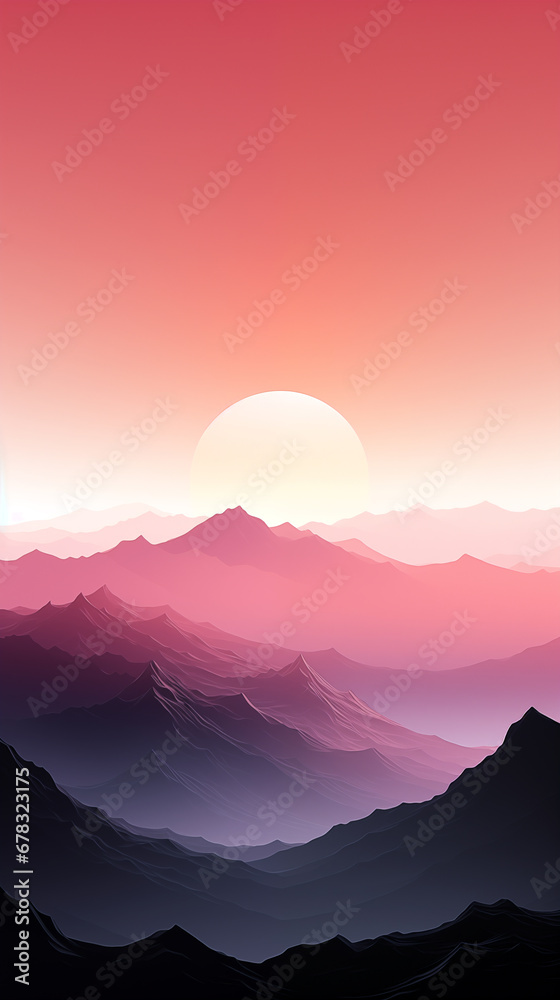 Colorful sunrise over mountains. Vector illustration in pastel colors and in style of minimalism. Generative AI.
