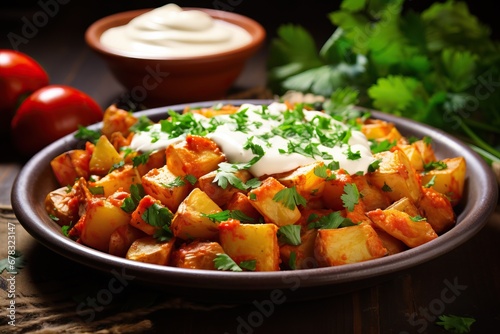 Patatas Bravas: A close-up shot of crispy Spanish-style fried potatoes topped with spicy tomato sauce and creamy aioli, garnished with chopped parsley