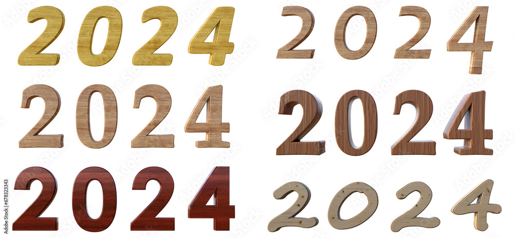 2024 wooden texts, 3d rendering with transparent background 2024 wooden texts, 3d rendering with transparent background