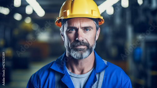 Confident photo of professional male mature adult worker inside factory.