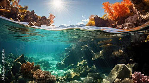 A beautiful underwater landscape with fish and coral, visible under a clear water surface with sunlight and trees. © apratim