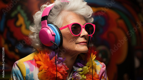 Portrait of a eccentric crazy senior woman listening music in modern stereo headphones. Studio shoot aging model. Retirement life concept, hobby, relaxing, mindfulness