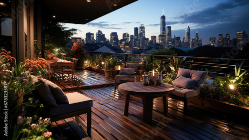 Luxurious rooftop terrace with a stunning city skyline view in the evening, featuring cozy outdoor furniture and lush plants. photo