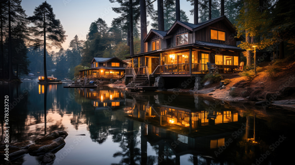 Obraz premium A serene lake house with glowing lights reflecting on calm waters during a tranquil evening.