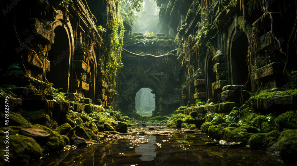 Mystical ancient temple ruins overgrown with lush green moss in a tranquil jungle environment, perfect for adventure themes. - obrazy, fototapety, plakaty 