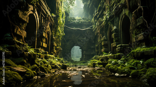 Mystical ancient temple ruins overgrown with lush green moss in a tranquil jungle environment, perfect for adventure themes. photo