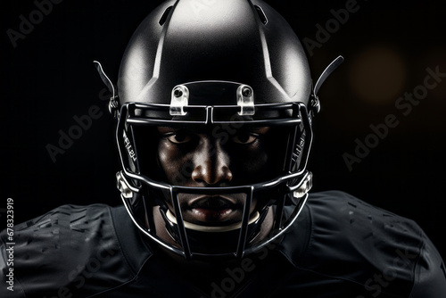 American football player close-up on a black background wearing a helmet