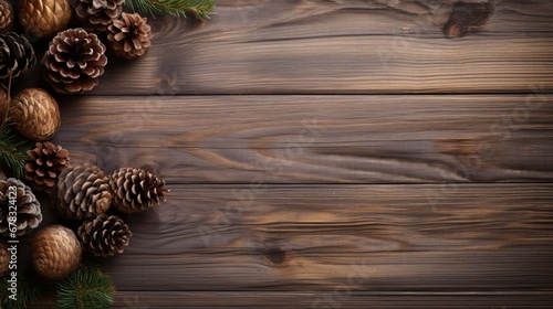 Christmas and New Year background with fir tree and decoration on dark wooden board,copy space
