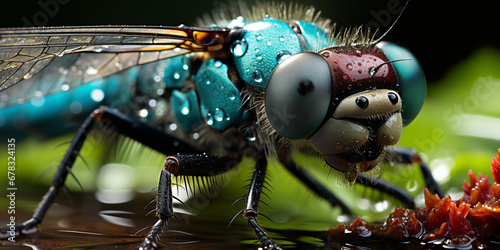 Libelle in türkis als Nahaufnahme mit Wassertropfen im Querformat für Banner, ai generativ © www.freund-foto.de