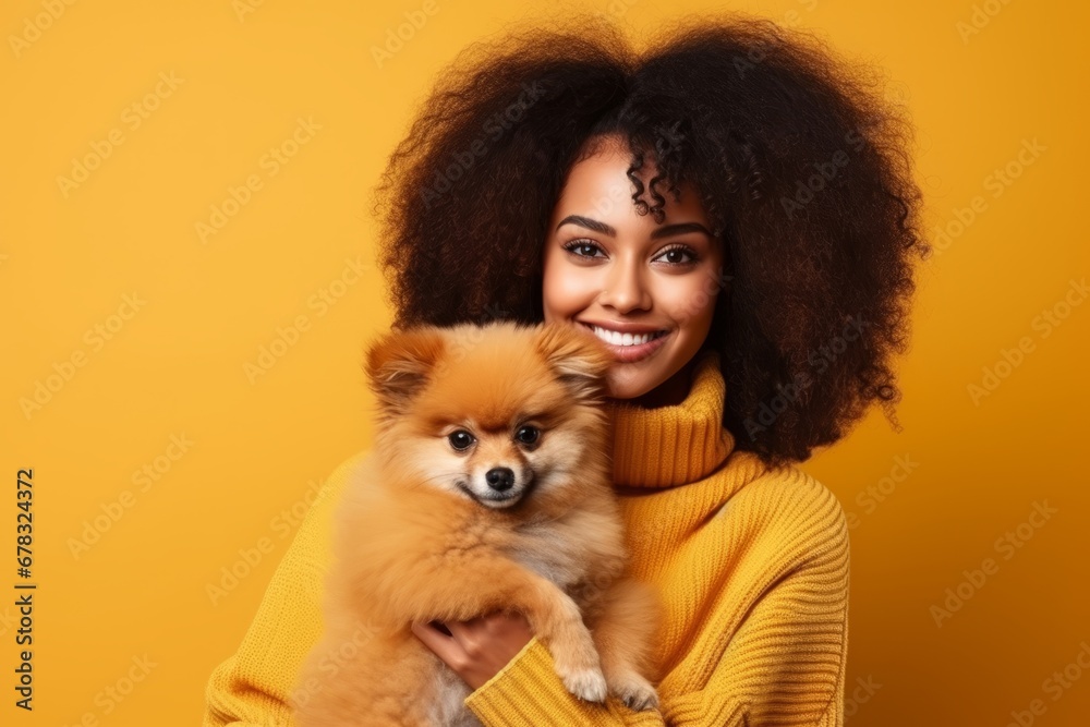 happy african american housewife with cute spitz puppy, looking away and smiling, pleasantly walking together, isolated on yellow background, empty space happy african american housewife with cute spitz puppy, looking away and smiling, pleasantly walking together, isolated on yellow background, empty space