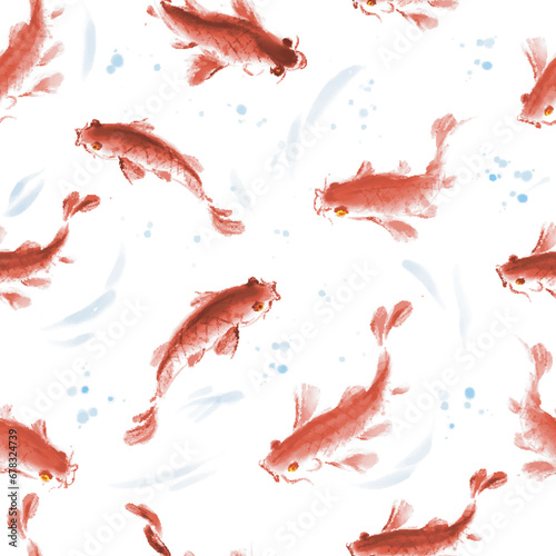 Seamless pattern with japanese koi carps in traditional sumi-e style. Can be used for wallpaper, pattern fills, textile, web page background, surface textures.